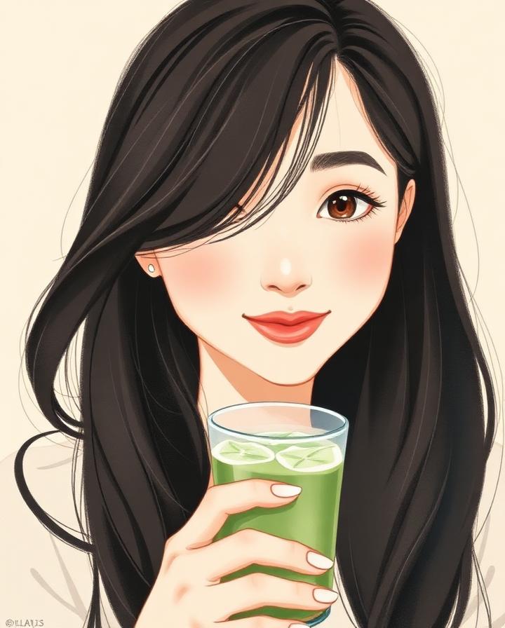 Illustrated portrait of Laney Nguyen holding an iced matcha